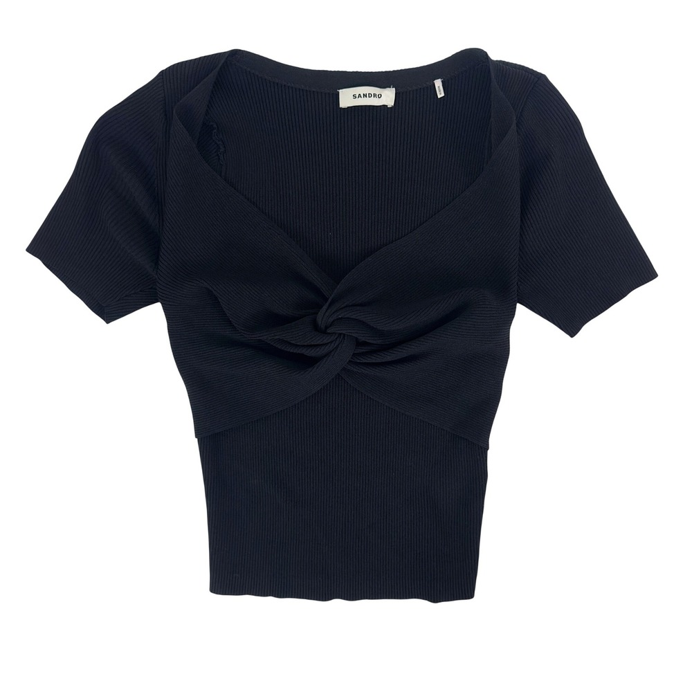 Sandro Twist Front Top Black Ribbed Viscose Blend Knit - Small